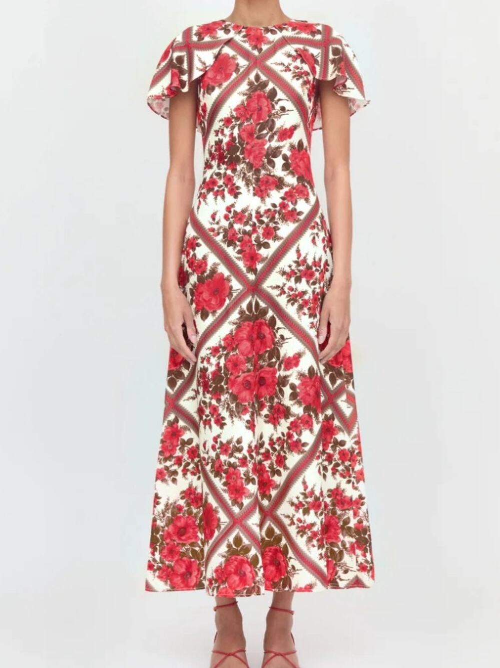 Hill House Home Davina Dress Diamond Rose Red Floral Cape Sleeve Maxi XS